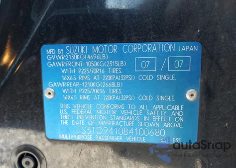 2008 Suzuki Grand Vitara z USA, uszkodzony, nr VIN JS3TD941084100680